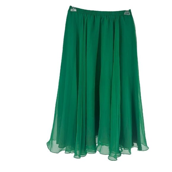 Vintage Chiffon Midi Skirt Solid Green A Line Elastic Waist Vintage 14 Modern M - Picture 1 of 6